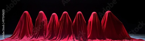 The Unveiling of Mystery A Row of Figures Draped in Crimson Fabric, Shadow and Light, Enigma, Secrecy, Unveiling photo