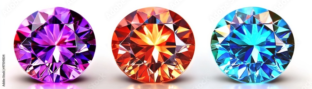 Three Vibrant Gems - Purple, Orange, and Blue - 3D Render, Brilliant Cut, White Background, Gemstone, Diamond Three Vibrant Gems - Purple, Orange, and Blue - 3D Render, Brilliant Cut, White Background, Gemstone, Diamond