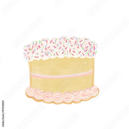 Illustrated Lopsided Vanilla Cake with Whipped Cream and Pink Sprinkles.
