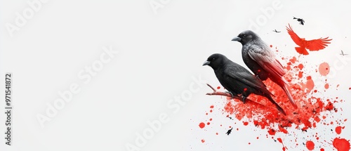  Two black birds perch on a branch amidst red paint splatters below Surrounding birds fly in the air