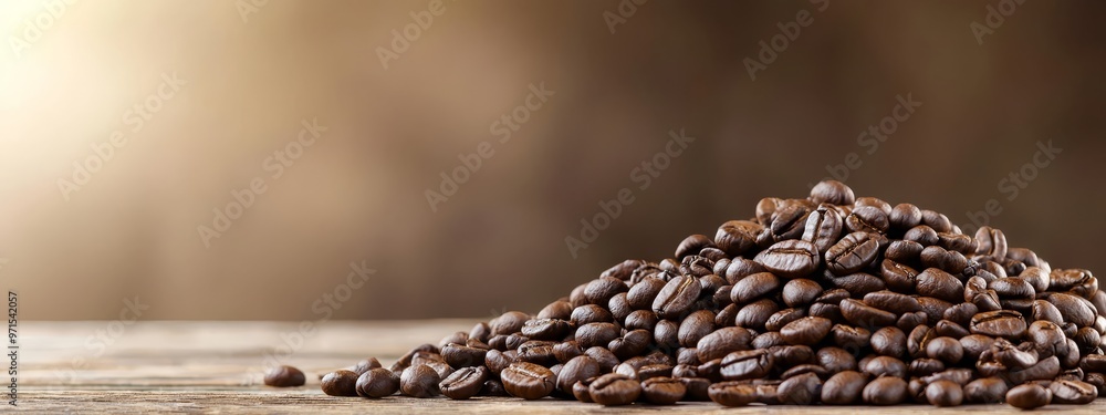Obraz premium Two piles of coffee beans on separate wooden tables