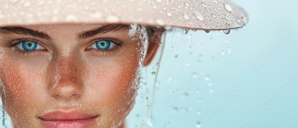 A tight shot of a woman's face, adorned with water droplets and wearing a white hat A tight shot of a woman's face, adorned with water droplets and wearing a white hat