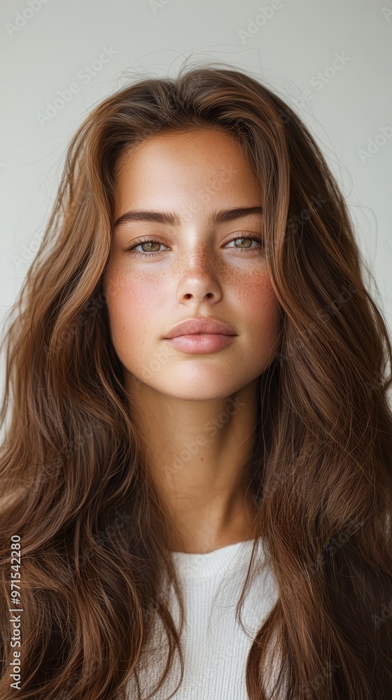Woman with long brown hair and white sweater gazes seriously into camera Woman with long brown hair and white sweater gazes seriously into camera