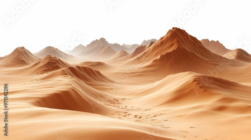 A vast desert landscape featuring sandy mountains and gentle slopes under a bright sky.