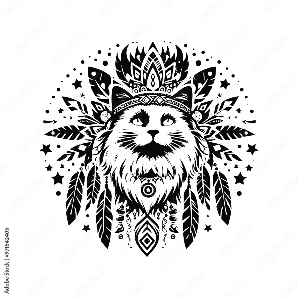 Obraz premium Ragdoll cat in bohemian black and white silhouette illustration