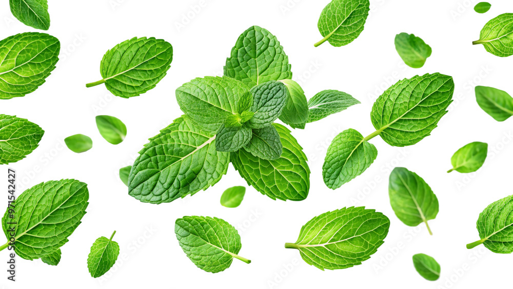 Mint leaves on transparent white background for graphic use Mint leaves on transparent white background for graphic use