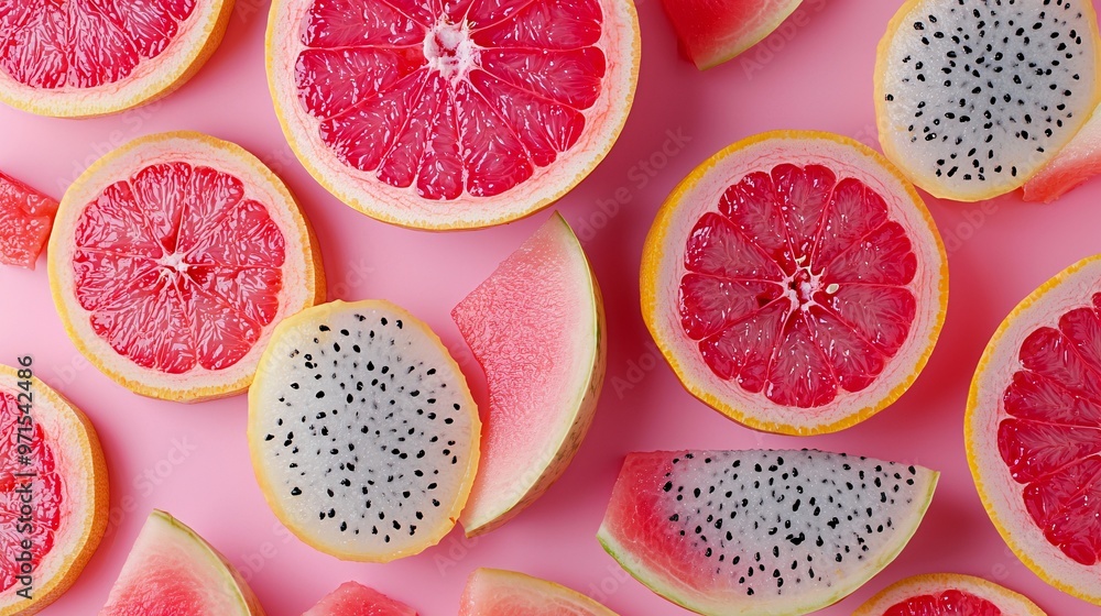 Grapefruit and Dragon Fruit on Melon Background Grapefruit and Dragon Fruit on Melon Background