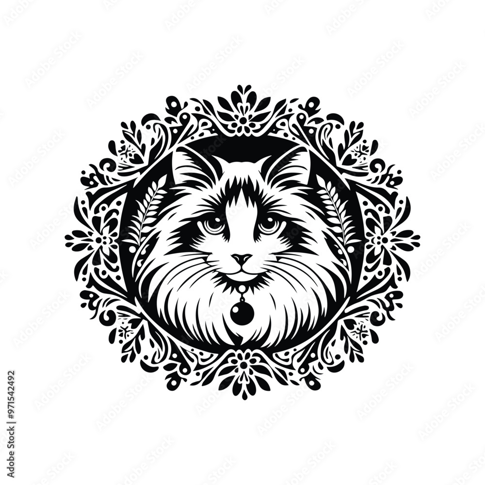 Obraz premium Ragdoll cat in folk art black and white silhouette illustration