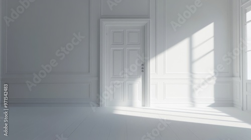 Empty room, large door opening, white interior, generative ai