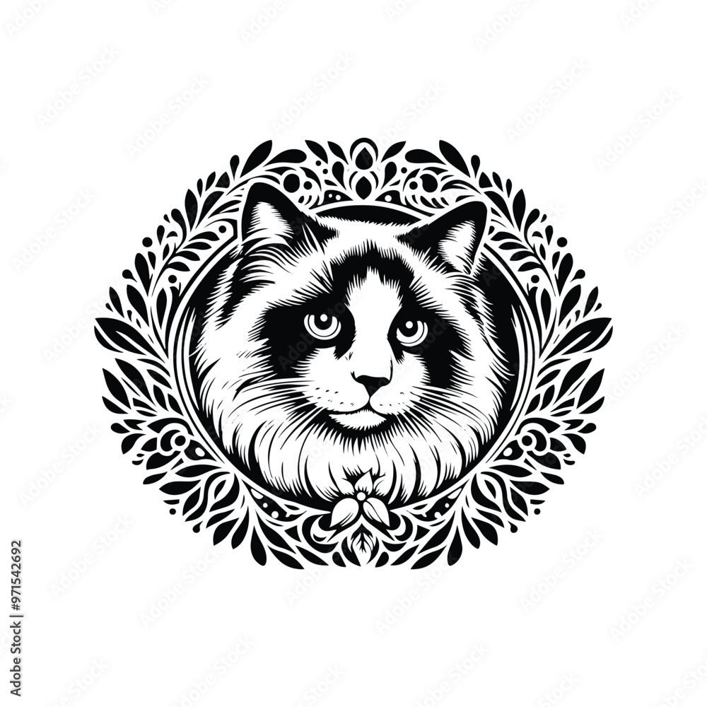 Obraz premium Ragdoll cat in folk art black and white silhouette illustration