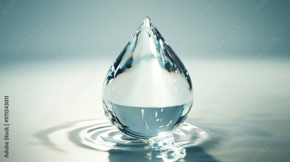A single, clear water droplet sits on the surface of still water with ripples emanating outward. A single, clear water droplet sits on the surface of still water with ripples emanating outward.
