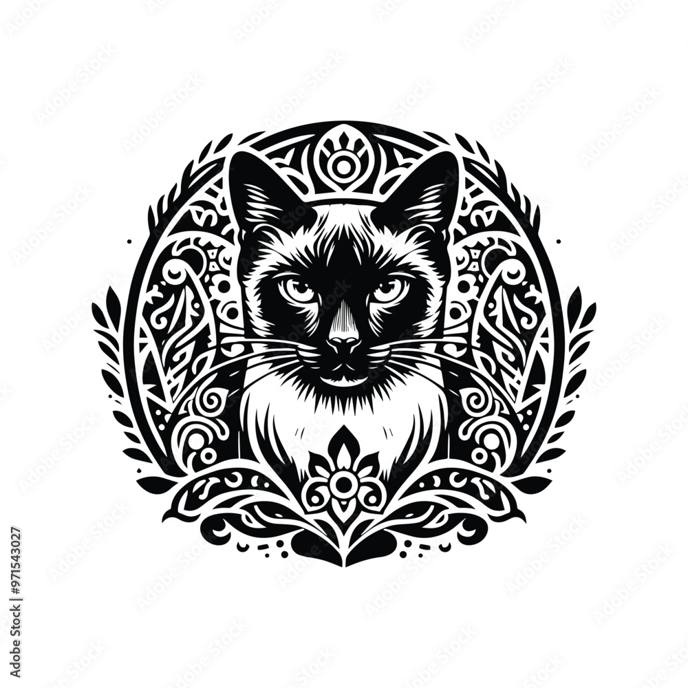 Fototapeta premium Siamese Cat in bohemian black and white silhouette illustration