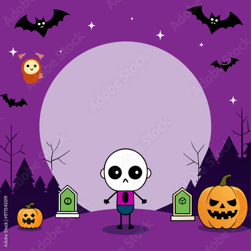 Spooky Night Outing: Cute cartoon skeleton against a full moon backdrop with bats and halloween elements.