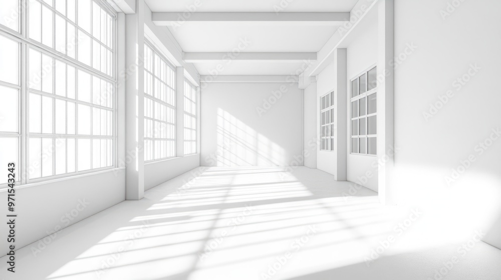 Fototapeta premium Empty room, large windows, white walls, generative ai