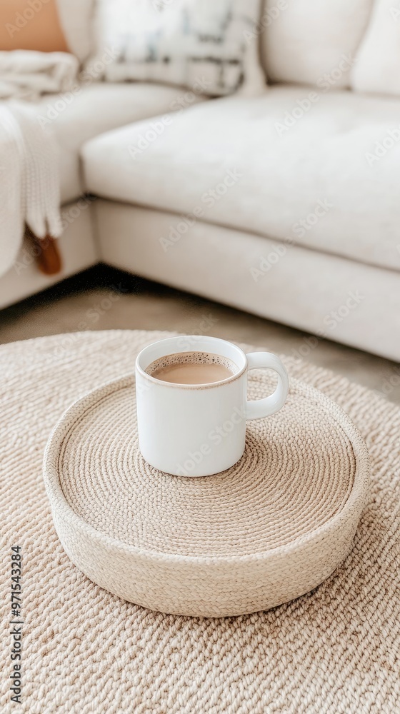 A serene workspace showcases a white fan on a table next to a beige sofa adorned with a soft blanket and a warm coffee mug under gentle natural light A serene workspace showcases a white fan on a table next to a beige sofa adorned with a soft blanket and a warm coffee mug under gentle natural light