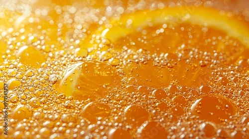 Abstract Close-up of Bubbles in Orange Liquid.