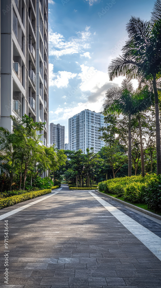 A modern driveway in high rise building complex surrounded by greenery A modern driveway in high rise building complex surrounded by greenery