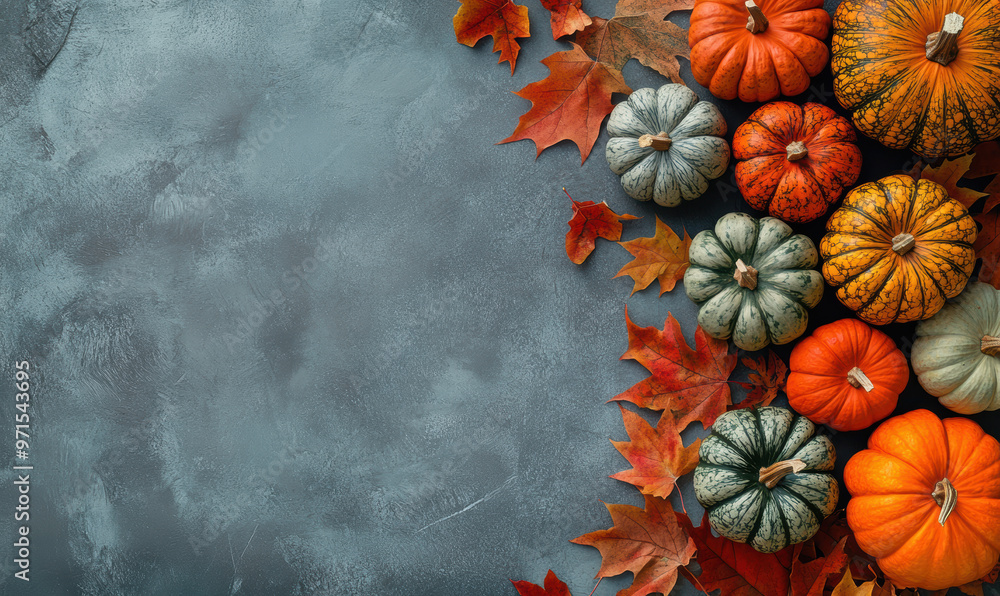 A colorful arrangement of pumpkins and leaves on a gray background A colorful arrangement of pumpkins and leaves on a gray background