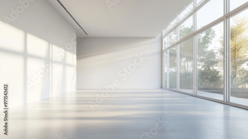 Empty room, large windows, white walls, generative ai