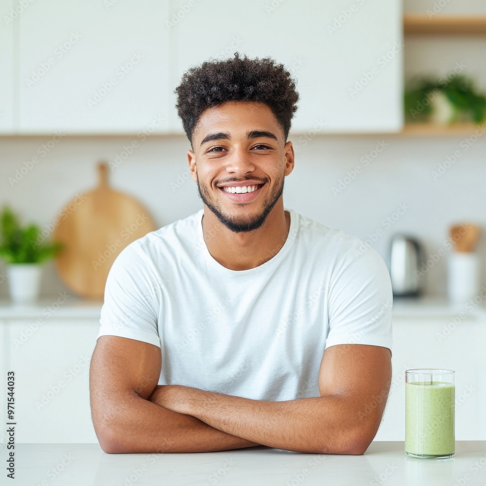A young man smiles as he prepares a healthy smoothie in his bright kitchen. His positive attitude toward health and well-being is evident in his daily choices. A young man smiles as he prepares a healthy smoothie in his bright kitchen. His positive attitude toward health and well-being is evident in his daily choices.