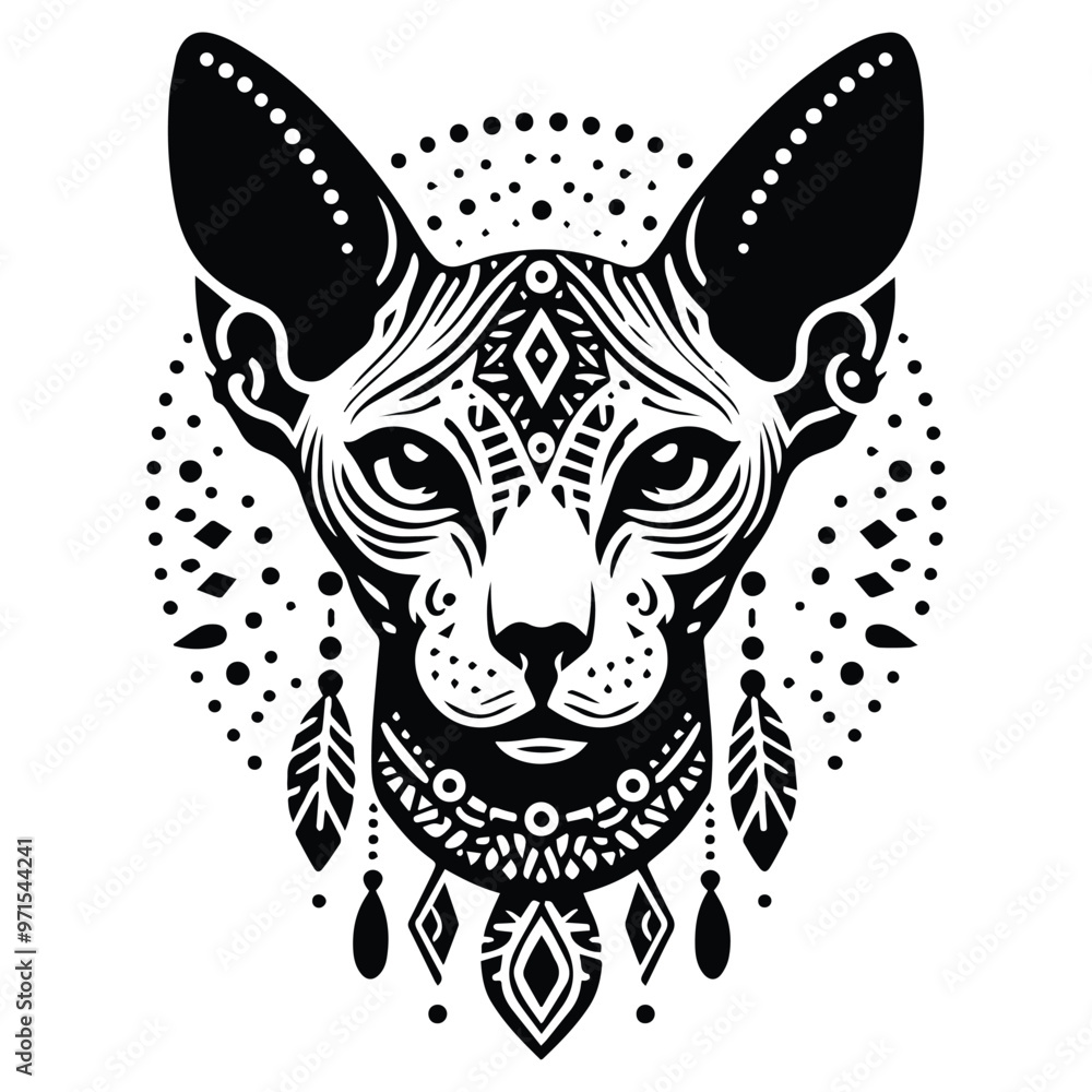 Obraz premium Sphynx Cat in bohemian black and white silhouette illustration