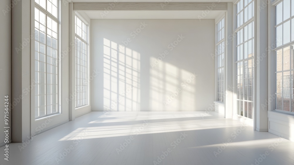 Fototapeta premium Empty room, large windows, white walls, generative ai