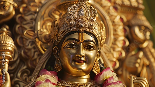 Close-up of a golden statue of a Hindu deity, adorned with flowers, jewels, and a crown.