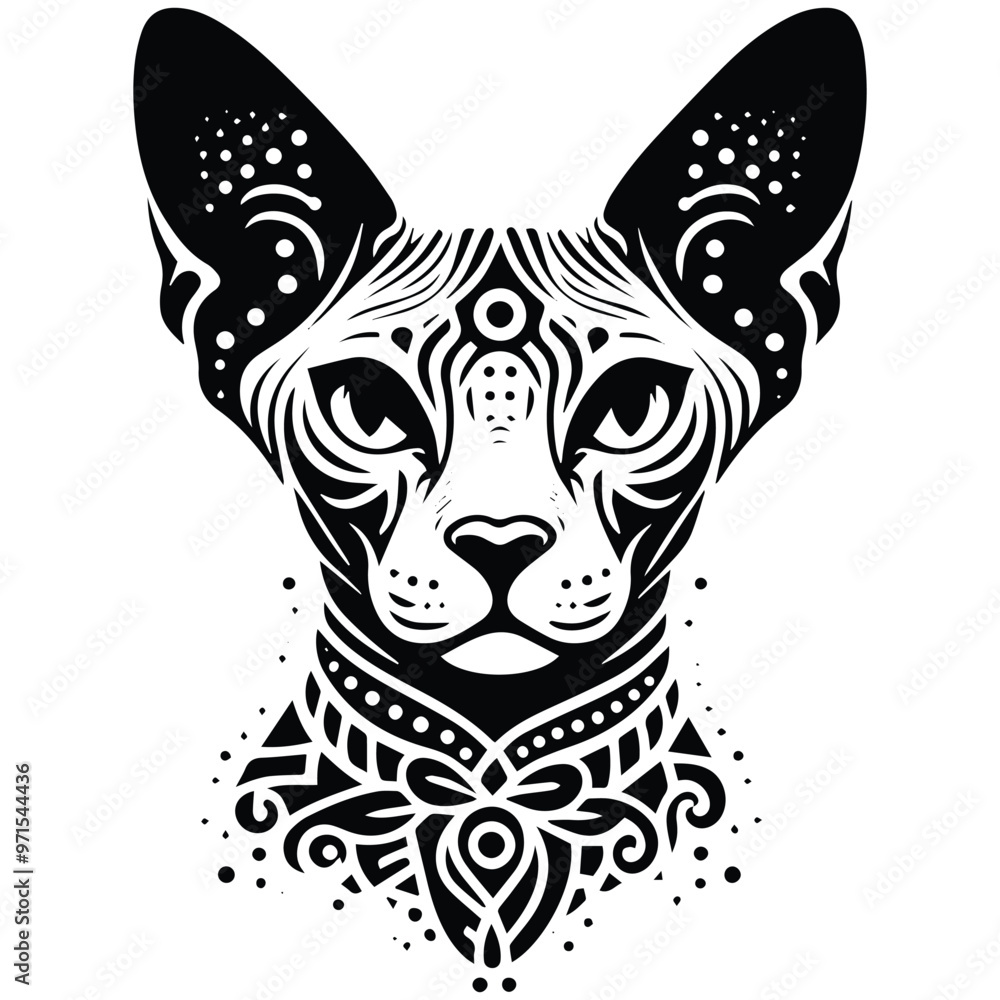 Fototapeta premium Sphynx Cat in bohemian black and white silhouette illustration