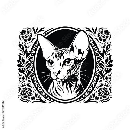 Sphynx Cat in folk art black and white silhouette illustration