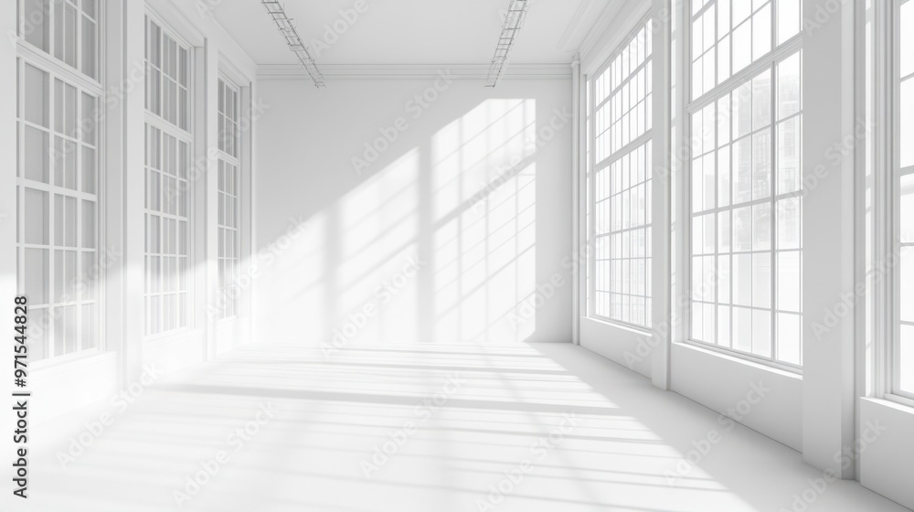 Obraz premium Empty room, large windows, white walls, generative ai