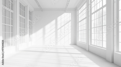 Empty room, large windows, white walls, generative ai