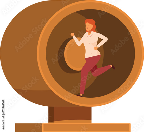 Businesswoman is running in a hamster wheel, illustrating the concept of being stuck in a rut at work