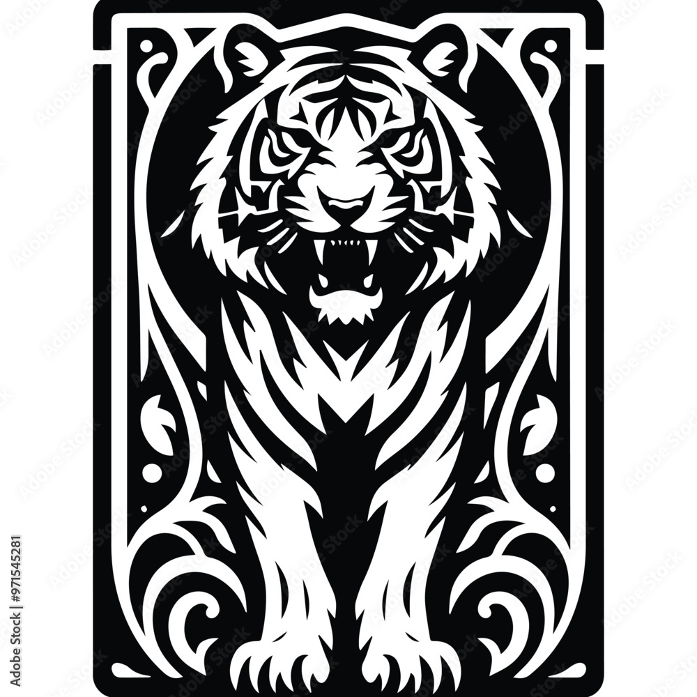 Tiger in Tarot card black and white silhouette illustration Tiger in Tarot card black and white silhouette illustration