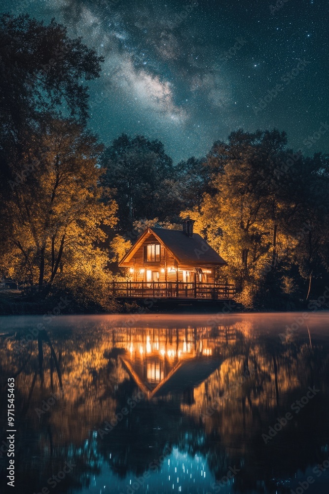 Fototapeta premium Lake Cabin Night