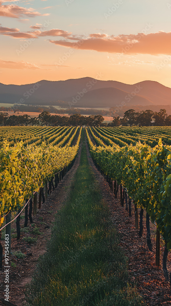 Fototapeta premium A picturesque vineyard at sunset with rows of grapes creates serene atmosphere