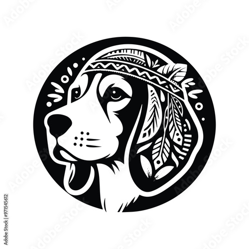 Beagle dog in bohemian black and white silhouette illustration