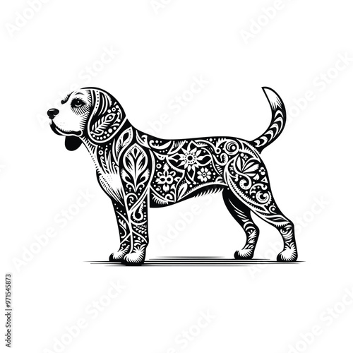 Beagle dog in folk art black and white silhouette illustration