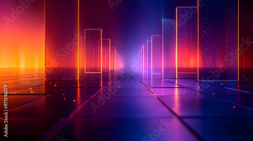 A vibrant digital landscape featuring glowing geometric shapes and a futuristic atmosphere. photo