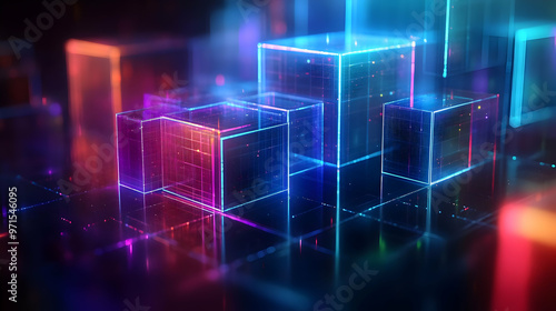 A vibrant digital landscape featuring glowing, translucent cubes and grids. photo