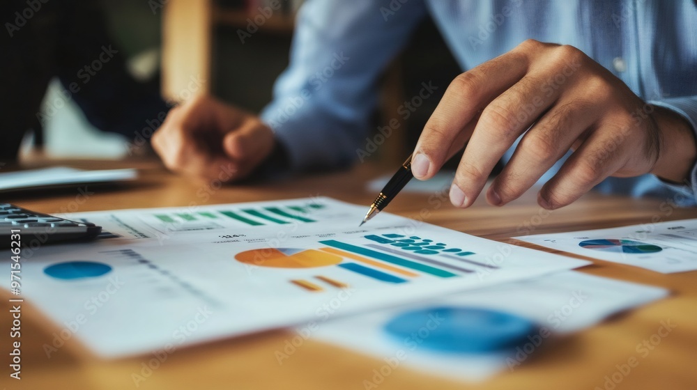 Close-up of a hand pointing at a graph on a desk, analyzing financial data. Close-up of a hand pointing at a graph on a desk, analyzing financial data.