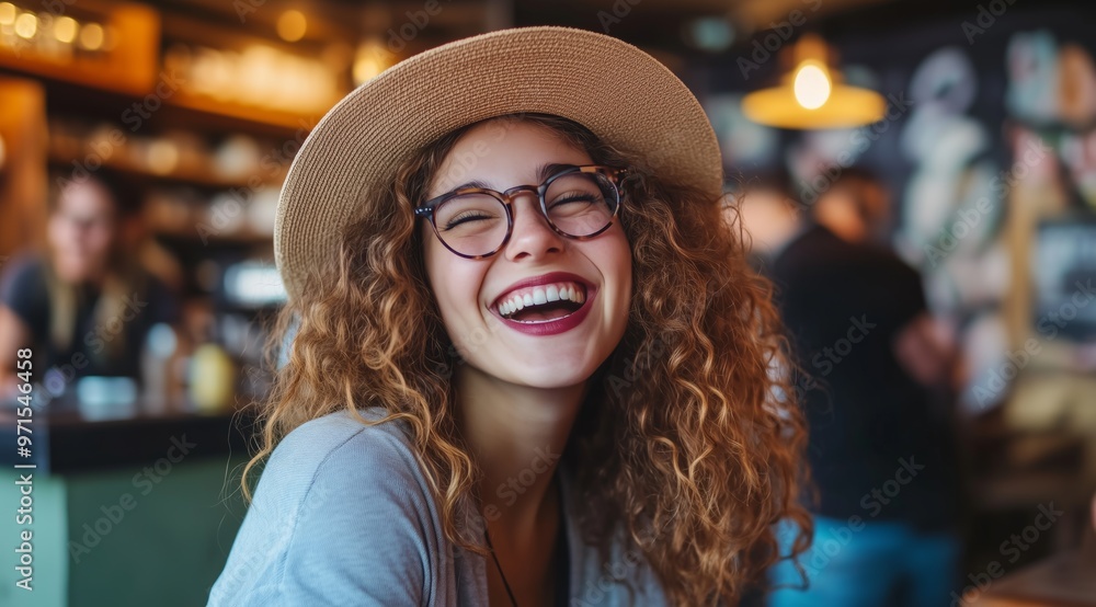 Cheerful Young Woman in Hat and Glasses Laughing with Friends at Coffee Shop Cheerful Young Woman in Hat and Glasses Laughing with Friends at Coffee Shop