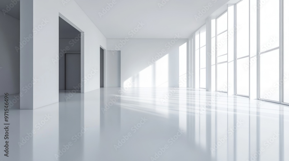 Empty room, reflective white floor, white walls, generative ai Empty room, reflective white floor, white walls, generative ai