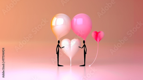 A love story in a surreal dimension. Silhouettes of love: Heart balloons lifting dreams