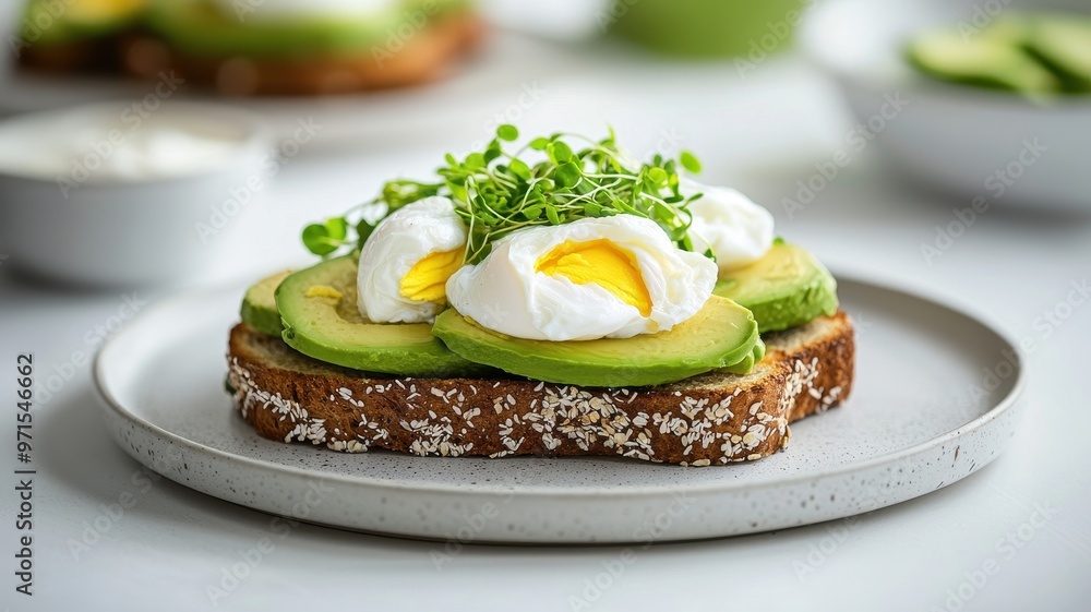 A delicious plate featuring avocado toast topped with poached eggs and fresh sprouts, perfect for a healthy breakfast. A delicious plate featuring avocado toast topped with poached eggs and fresh sprouts, perfect for a healthy breakfast.