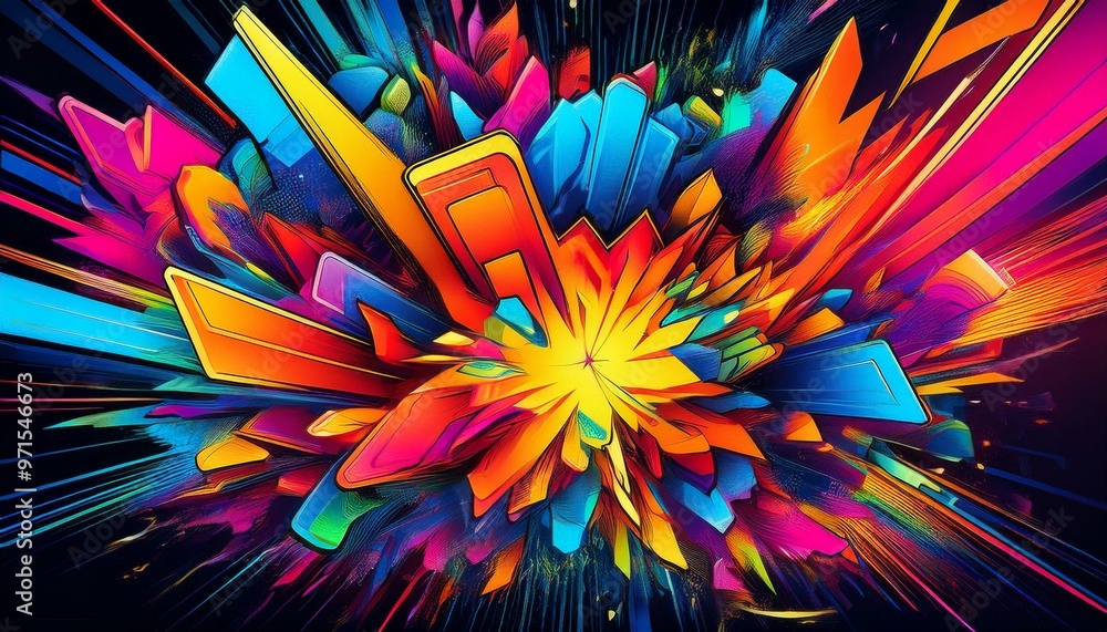 Fototapeta premium Explosive neon shapes collide in a vibrant pop-art style, with bold black outlines and colorful gradients