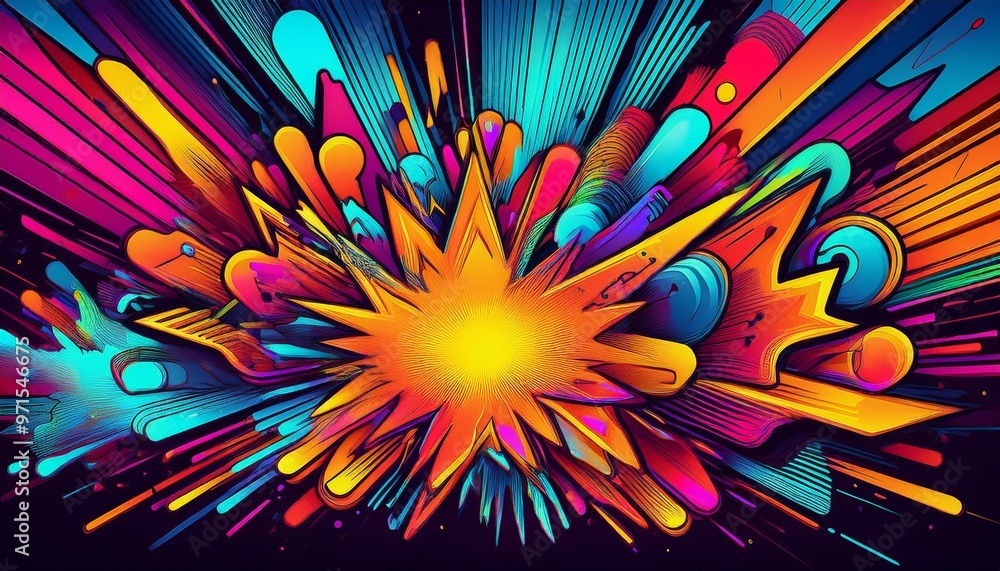Explosive neon shapes collide in a vibrant pop-art style, with bold black outlines and colorful gradients Explosive neon shapes collide in a vibrant pop-art style, with bold black outlines and colorful gradients