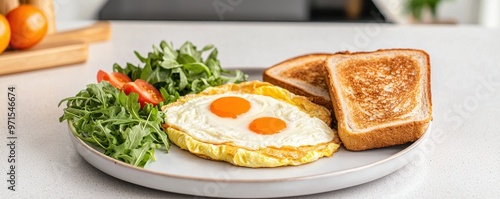 A delicious breakfast plate featuring sunny-side-up eggs, fresh arugula, tomatoes, and toasted bread on a modern kitchen table. photo