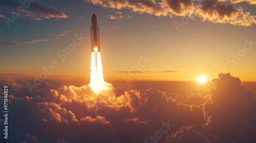 A rocket blasts off into the sky at sunset with clouds in the background.