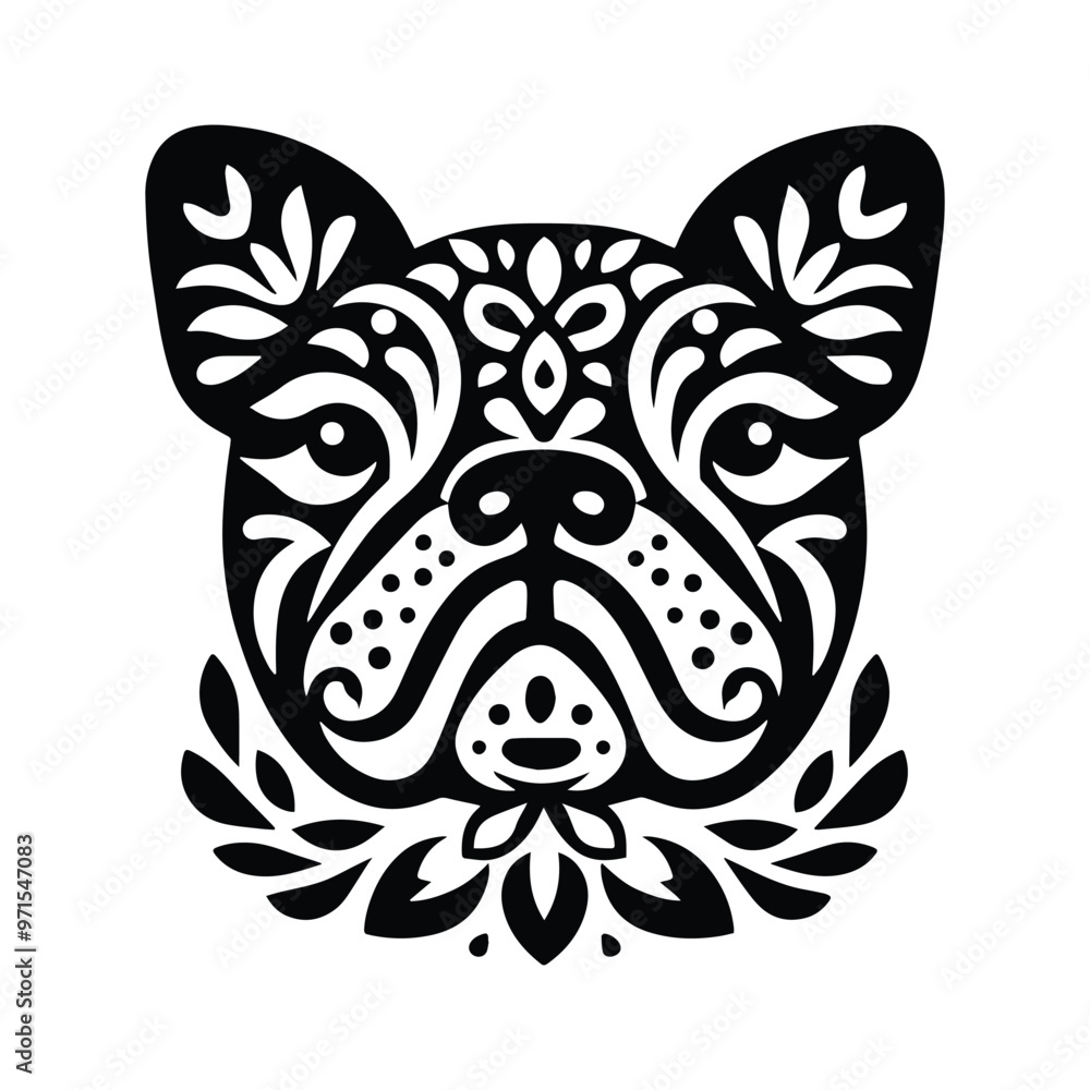 Fototapeta premium Bulldog in folk art black and white silhouette illustration