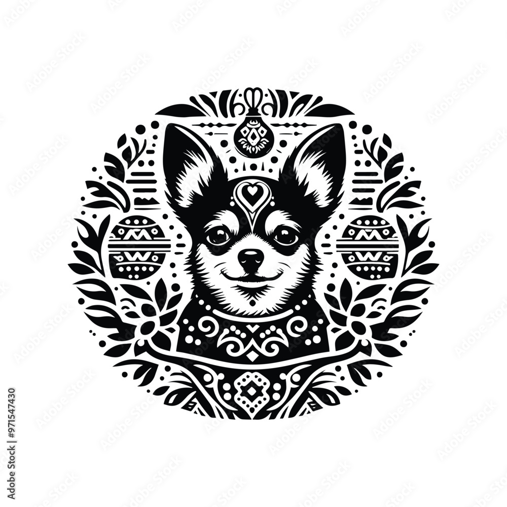 Obraz premium chihuahua dog in bohemian black and white silhouette illustration